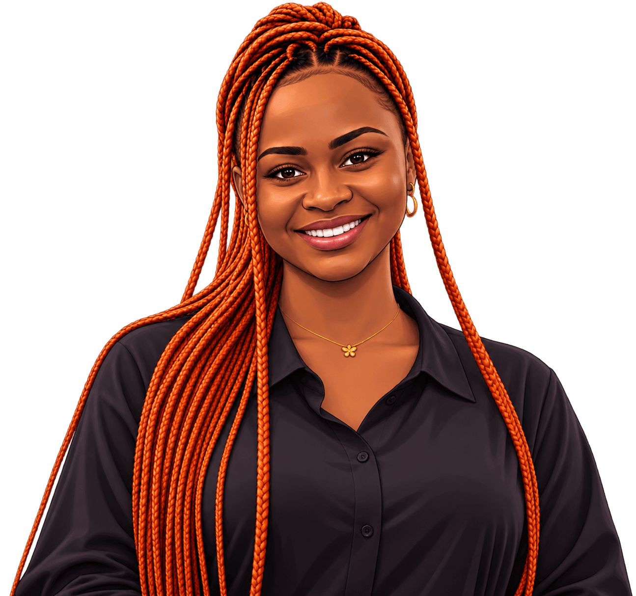 Precious Onwuzurigbo, smiling, wearing a dark shirt with long copper braids